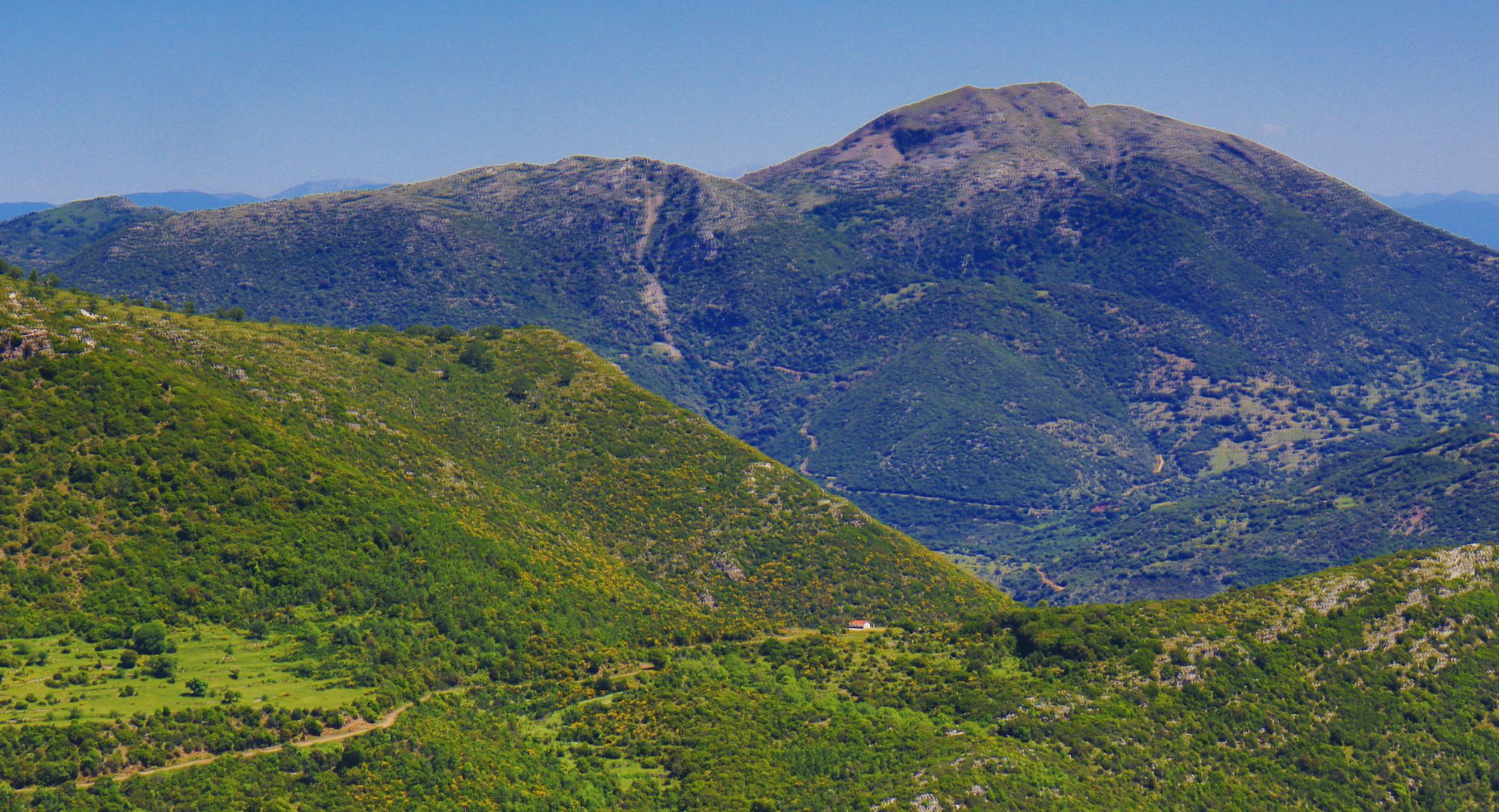 Apollo Trails: Η παλιά γεωργική ζώνη του Σκληρού και το ξωκλήσι του Αγίου Θεράποντα. Στο βάθος το Τετράζι